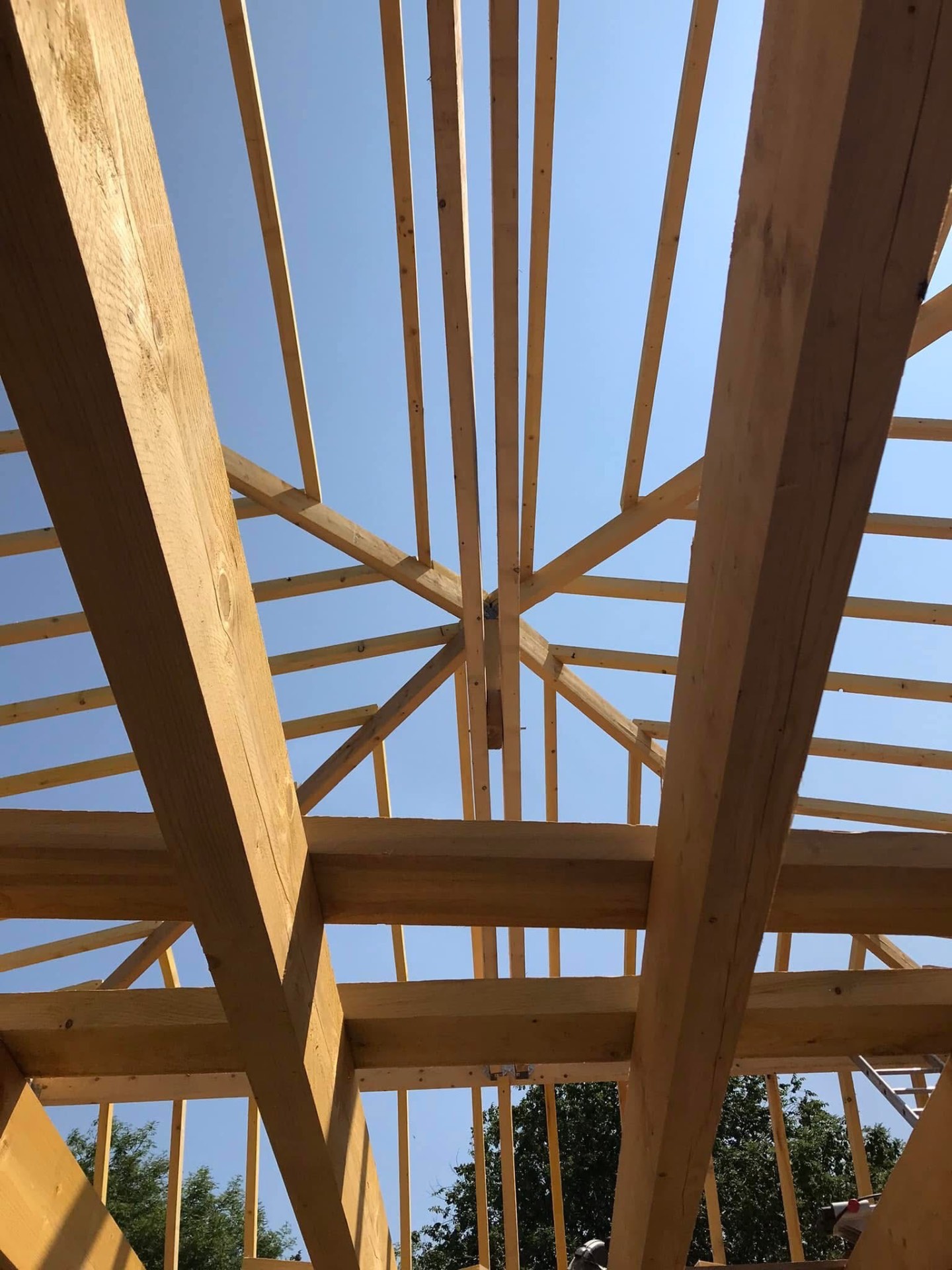 LUX RENOV — vue intérieure des chevrons rayonnants de la charpente neuve