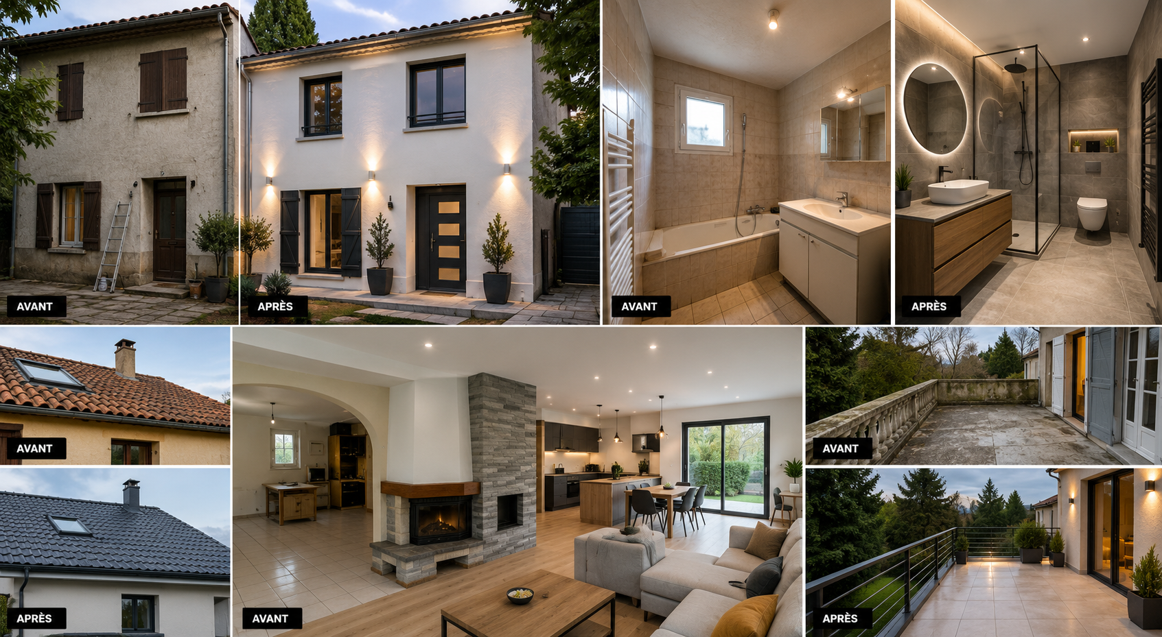 LUX RENOV — Avant / Après : façade, salle de bain, toiture, salon et terrasse rénovés sur la Côte d'Azur