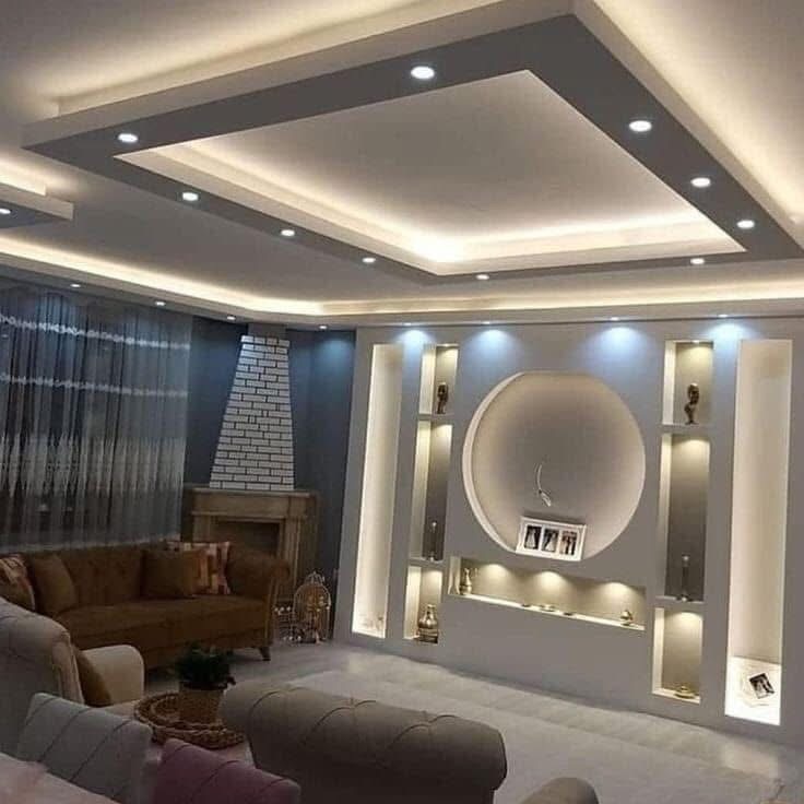 LUX RENOV — meuble TV placo avec niches LED rondes et faux plafond lumineux