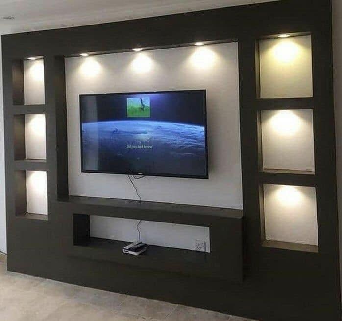 LUX RENOV — mur TV gris anthracite avec niches LED et spots intégrés