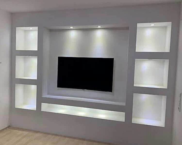 LUX RENOV — meuble TV placo avec 6 niches carrées et bandeau LED