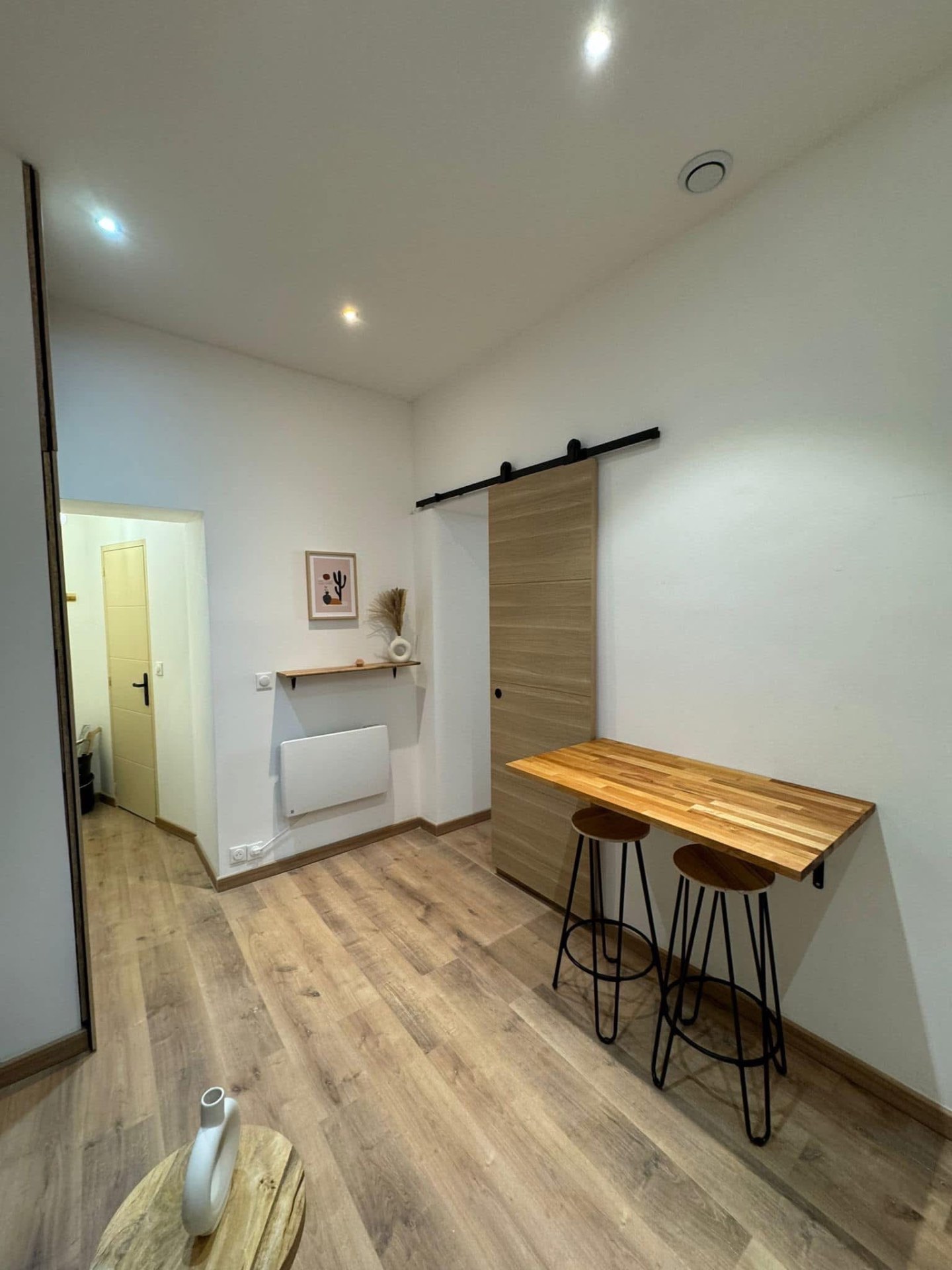 LUX RENOV — Studio rénové : entrée avec porte coulissante bois